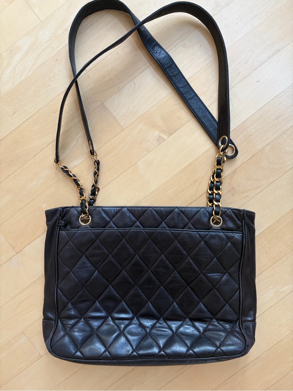 As is Authentic Vintage Chanel Black Quilted Leather Tote with Gold Plated HW